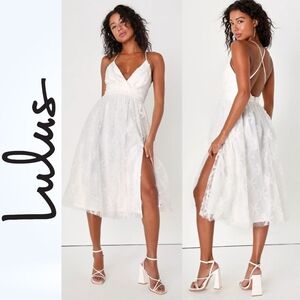 NEW Lulus Sleeveless White Swiss Dot Sequin Tulle Midi Graduation SunDress Sz L